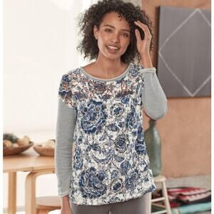 Sundance Caraway Lace Pullover Crochet Overlay Sweatshirt Top XL Gray Raw Edge